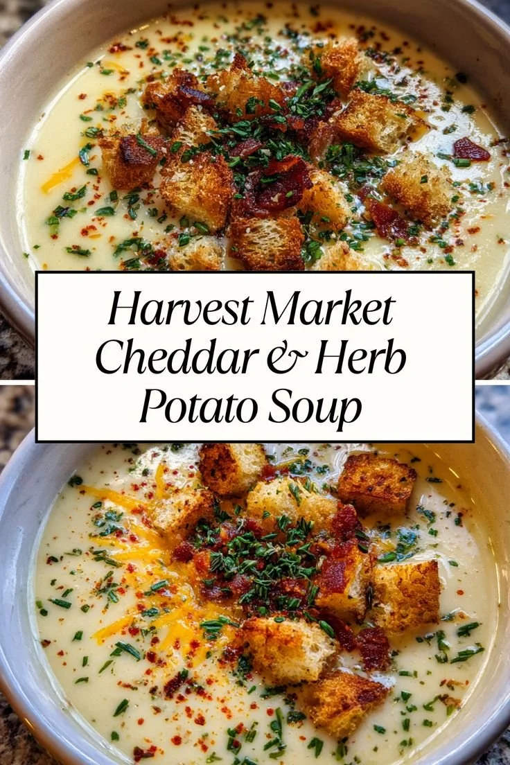 Harvest Market Cheddar and Herb Potato Soup in a rustic bowl, perfect for fall comfort.