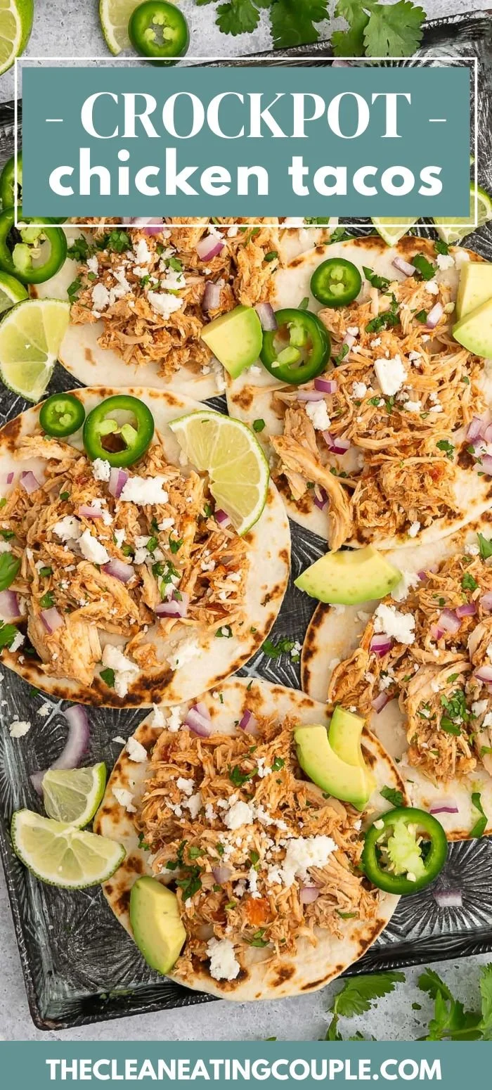 Healthy Crockpot chicken tacos served with fresh toppings