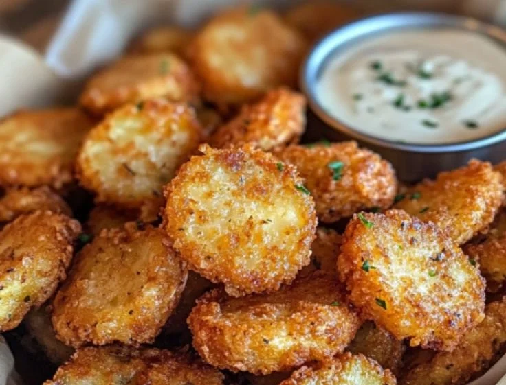 Crispy air fryer fried pickles on a plate garnished with herbs.