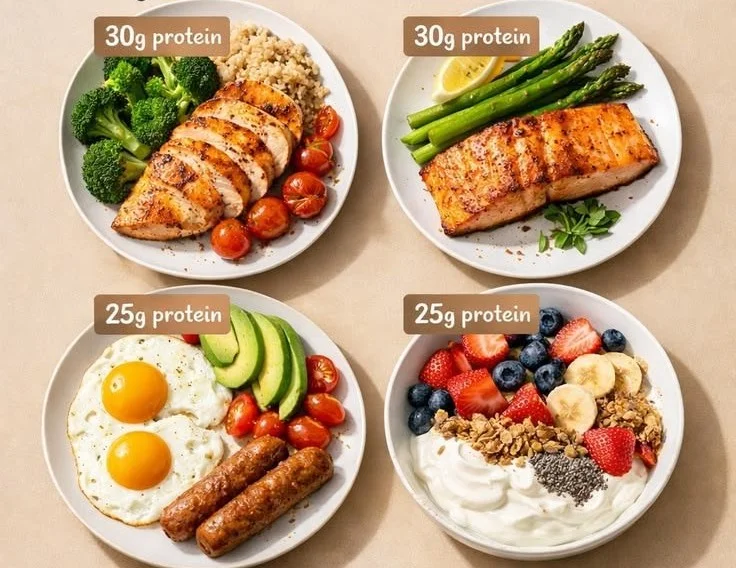 A vibrant spread of healthy food including salads, fruits, and whole grains.