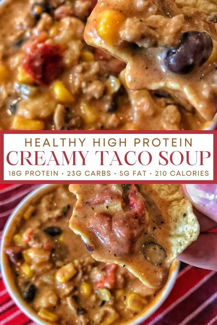 Healthy high protein creamy taco soup in a bowl topped with fresh herbs