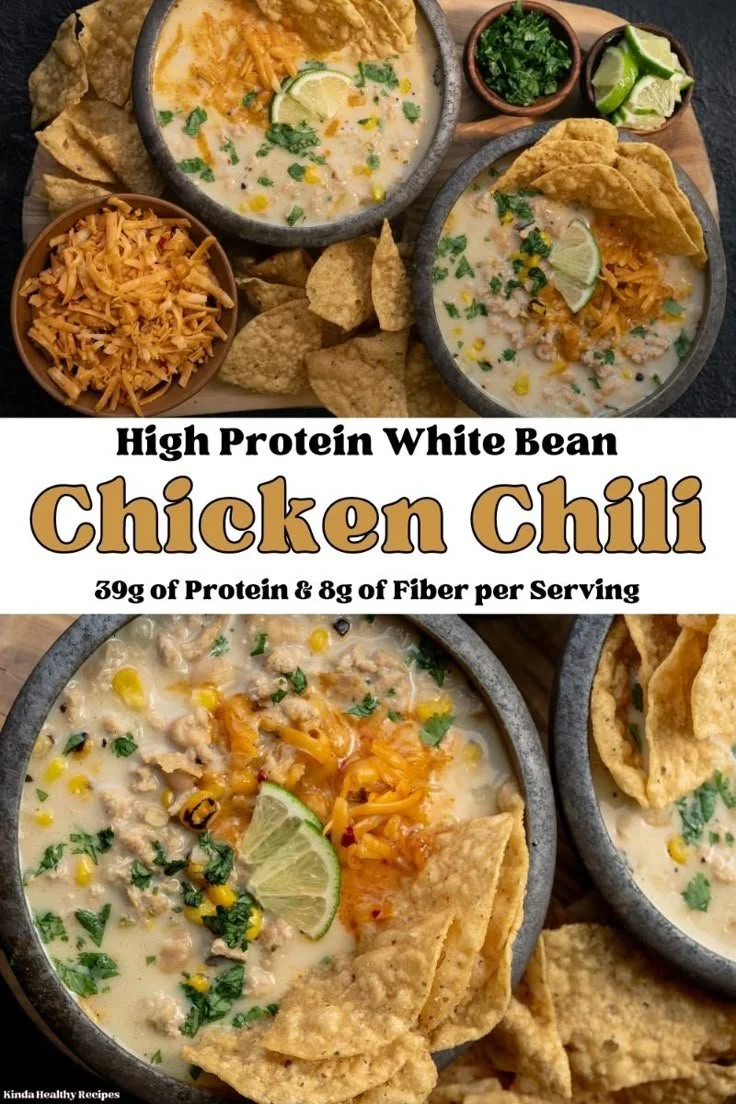 Healthy white chicken chili with ground chicken and white beans in a bowl