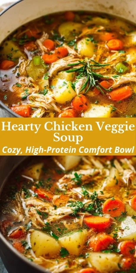 Bowl of hearty chicken veggie soup with colorful vegetables, perfect for a cozy dinner.
