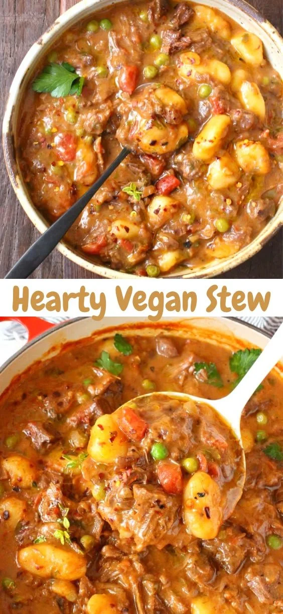 Delicious and hearty vegan stew served in a rustic bowl
