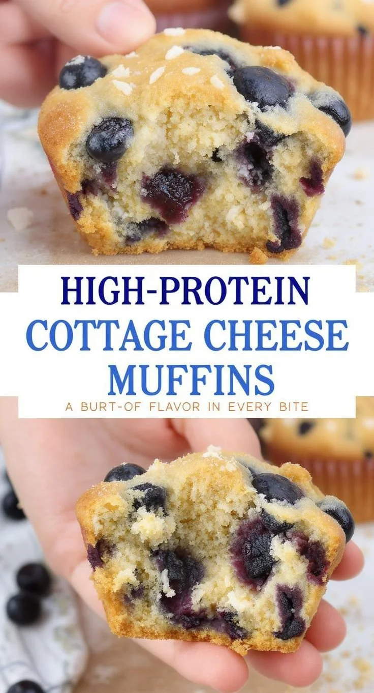 High-protein blueberry muffins made with cottage cheese, fresh blueberries, and healthy ingredients.