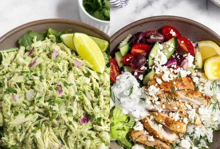 A colorful high protein lunch bowl featuring grilled chicken, quinoa, and fresh vegetables.