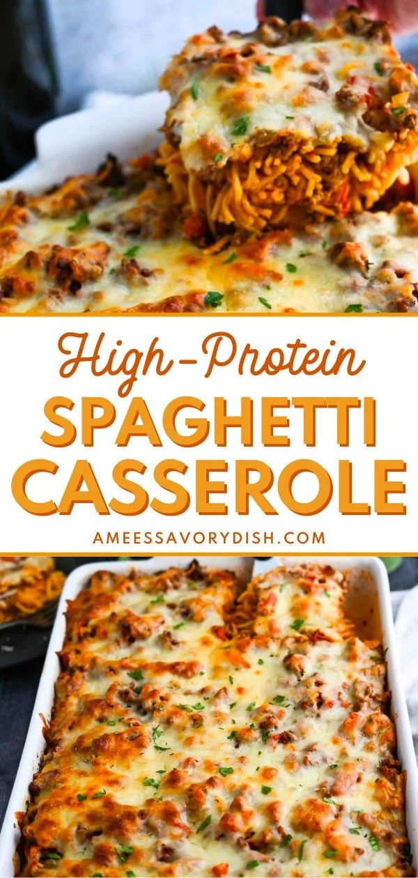High-protein spaghetti casserole served in a casserole dish with cheese and herbs.