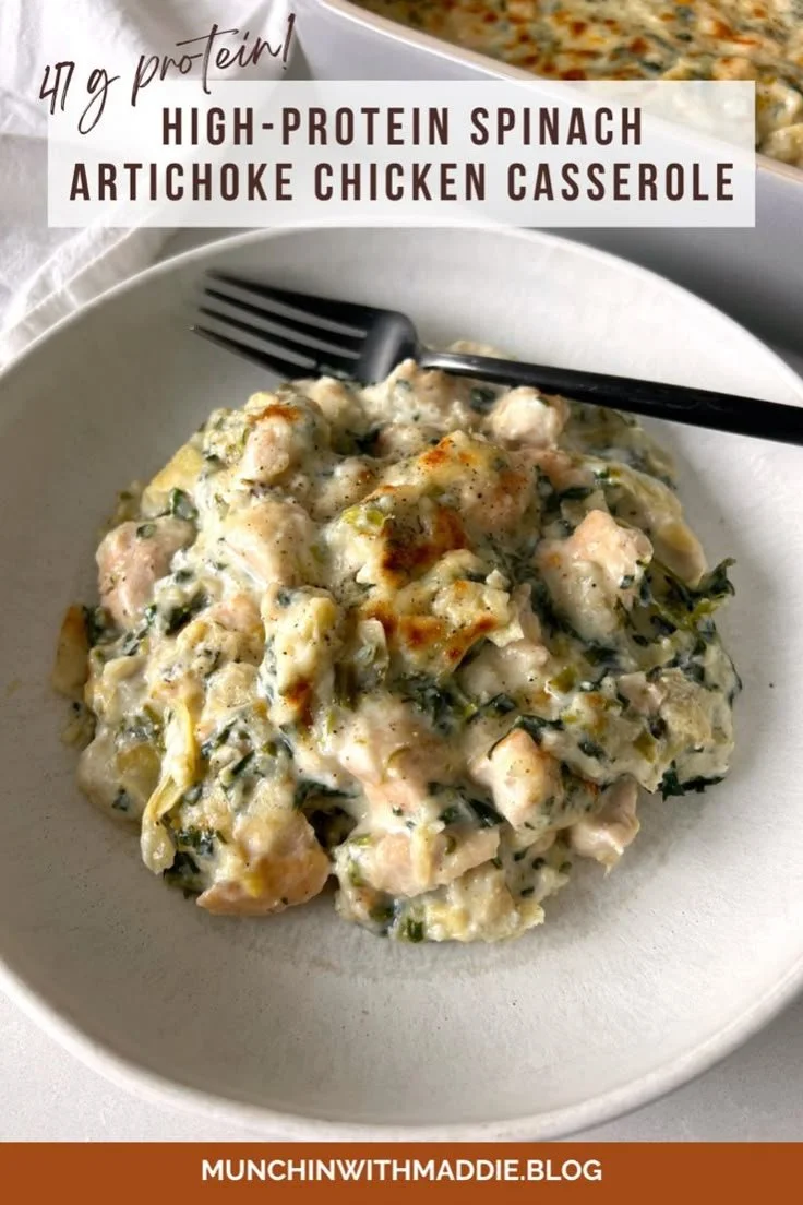 Delicious high-protein spinach artichoke chicken casserole ready to serve