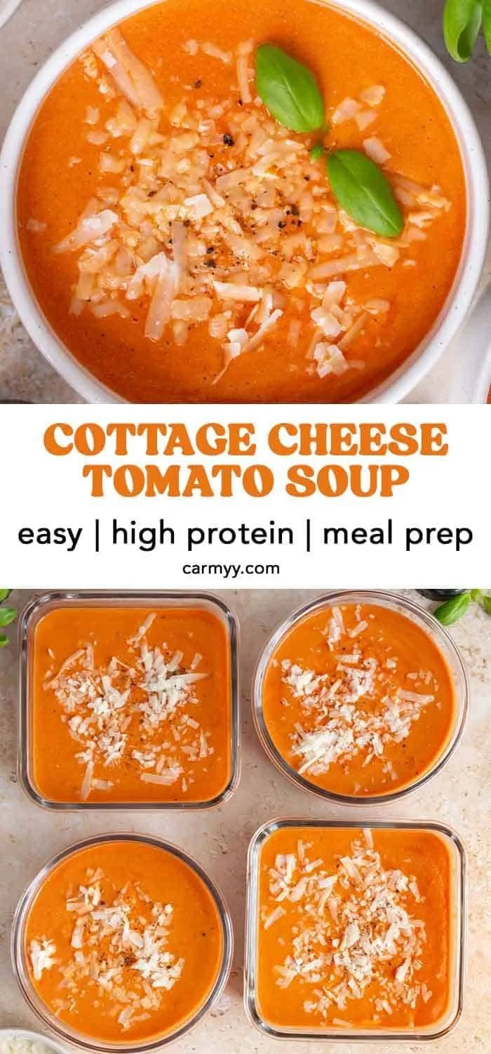Bowl of high protein tomato soup garnished with fresh herbs