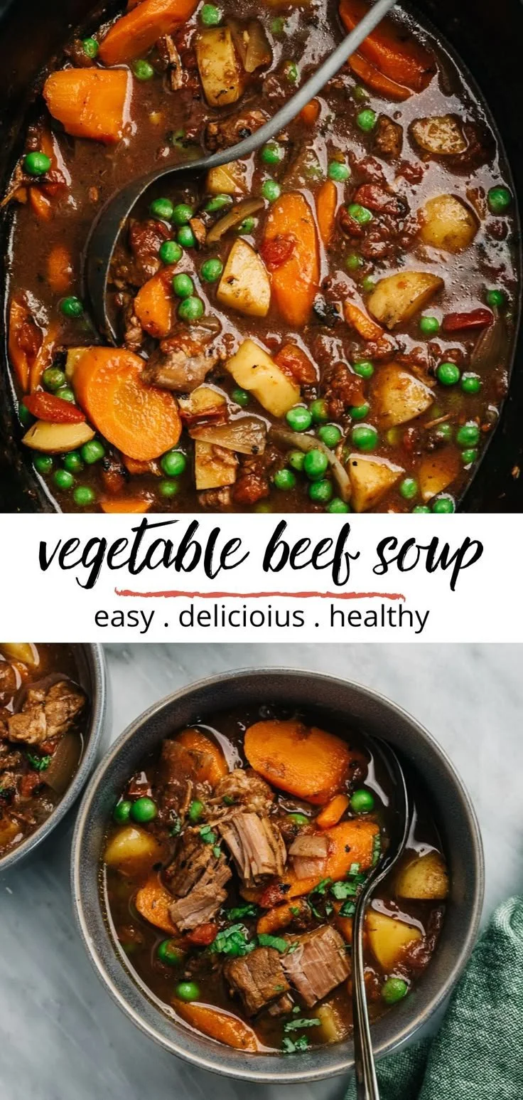 Bowl of homemade vegetable beef soup with fresh vegetables and beef chunks
