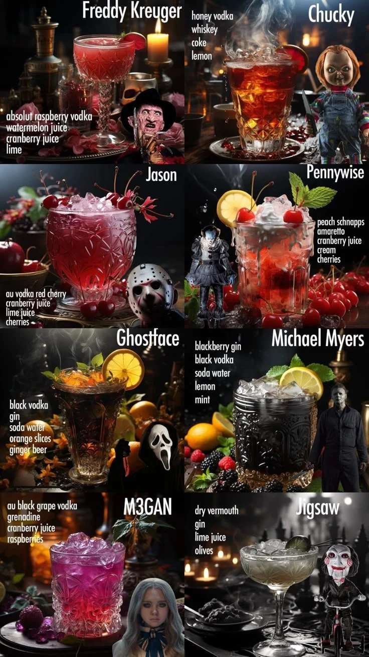 Horror character themed drinks in spooky glasses