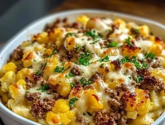 Keto Cheeseburger Cauliflower Mac dish served in a bowl