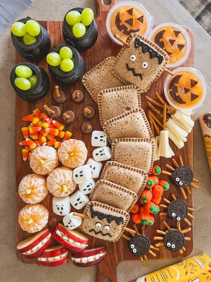 Colorful Halloween Snack Board with treats for kids and adults