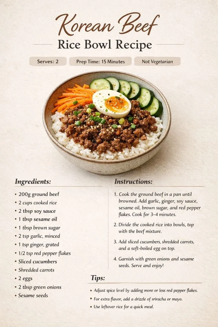 Delicious homemade Korean Beef Rice Bowl garnished with vegetables
