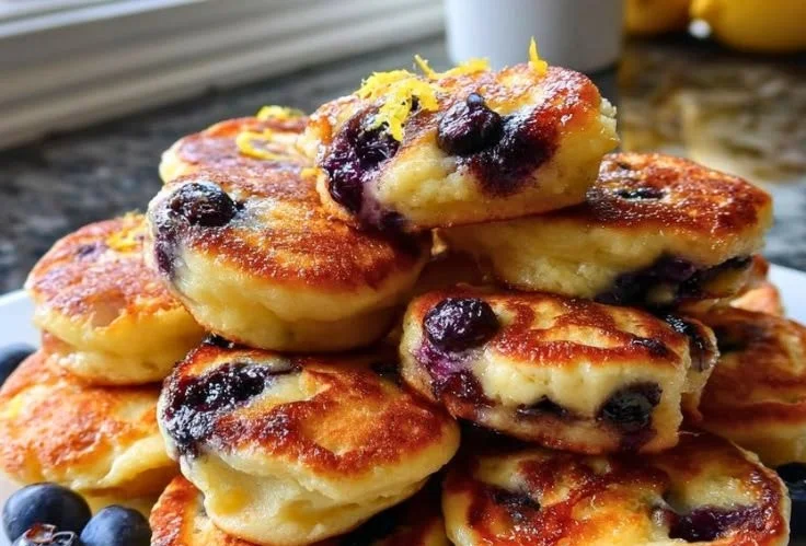 Lemon blueberry cottage cheese pancake bites on a plate, an easy breakfast option.
