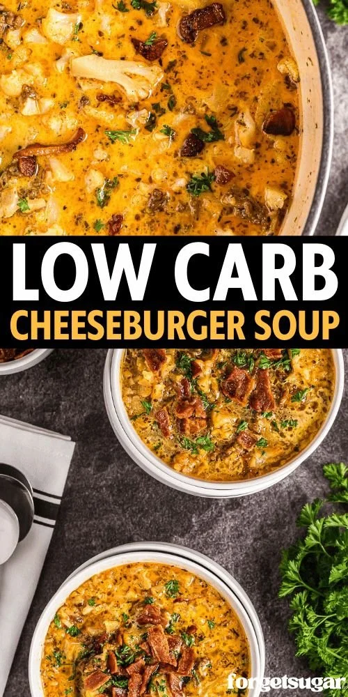 Bowl of low carb cheeseburger soup garnished with cheese and herbs