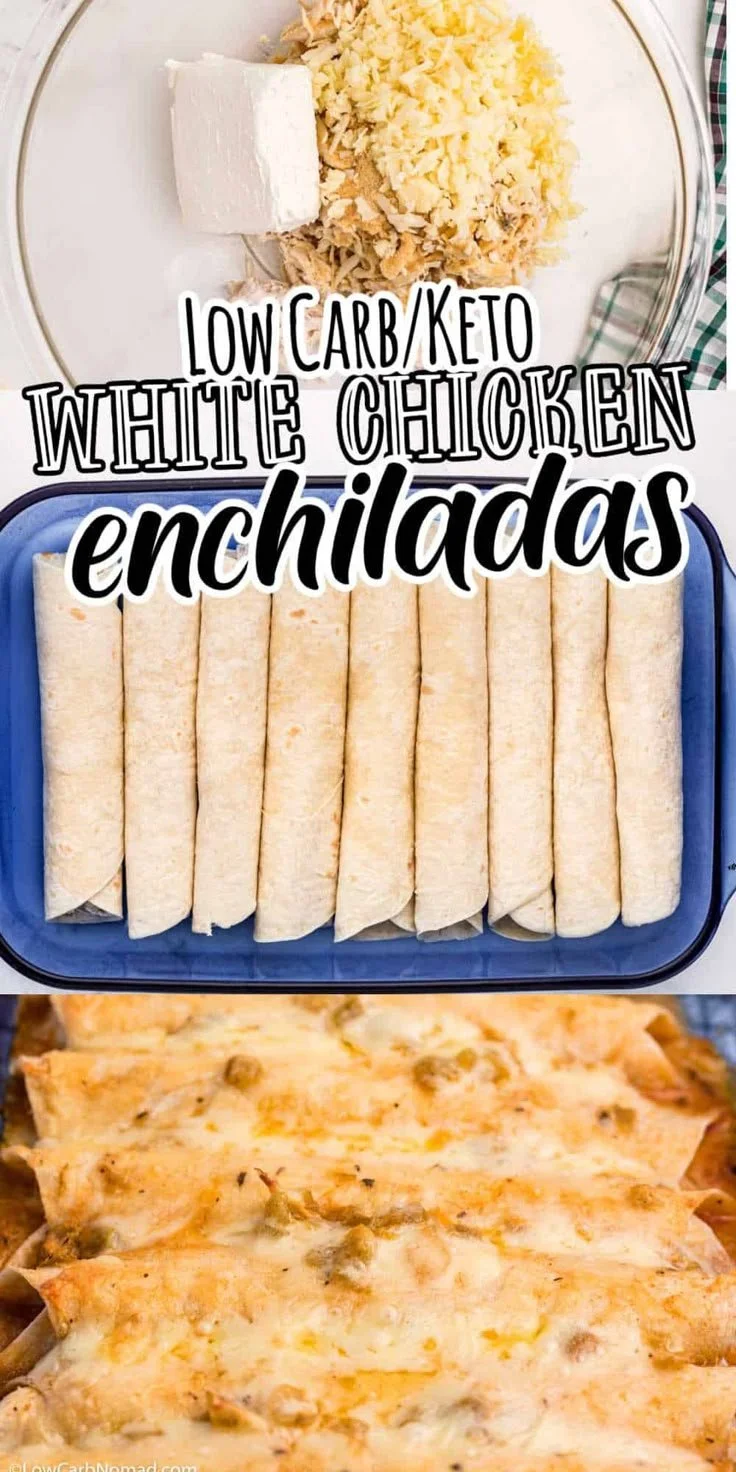 Low carb white chicken enchiladas served on a plate with toppings