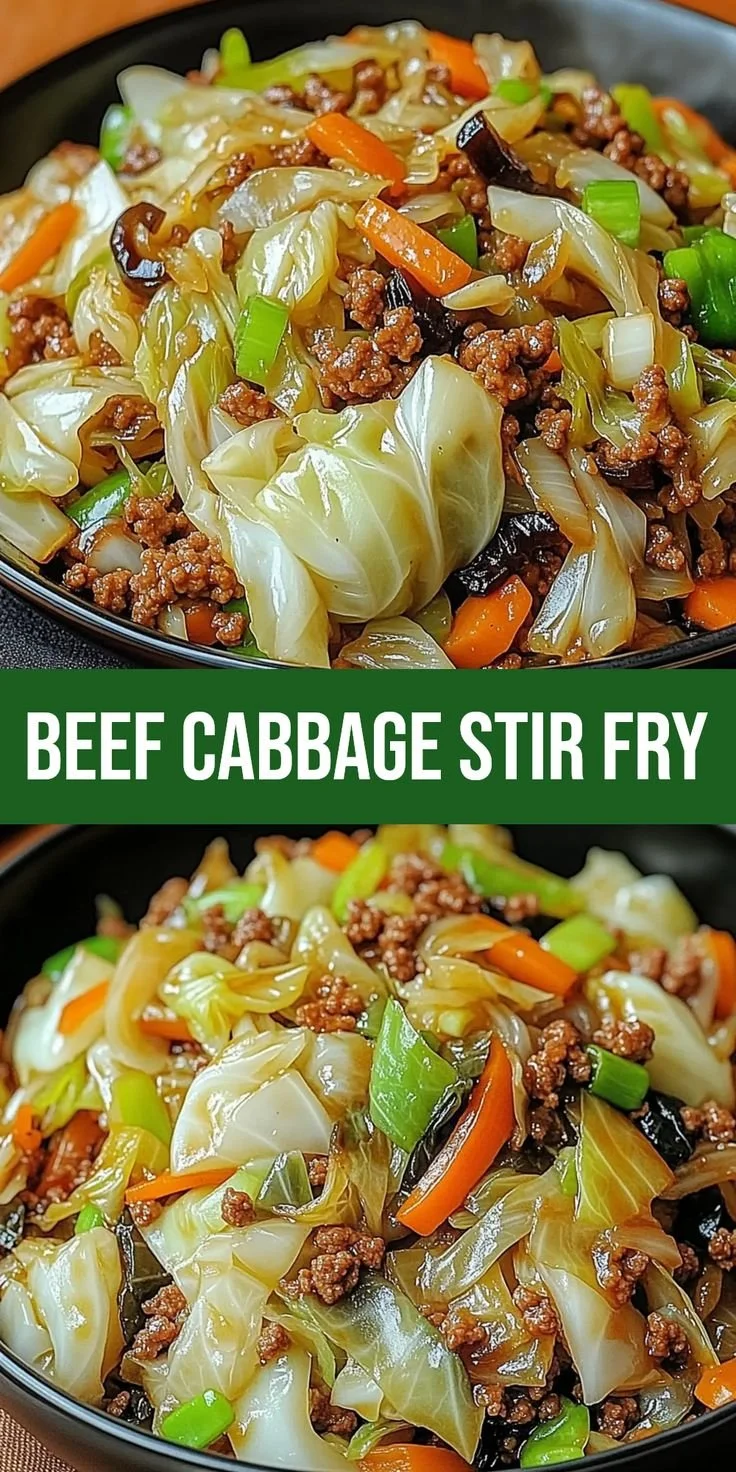 Chinese stir fry with ground beef and cabbage served in a bowl