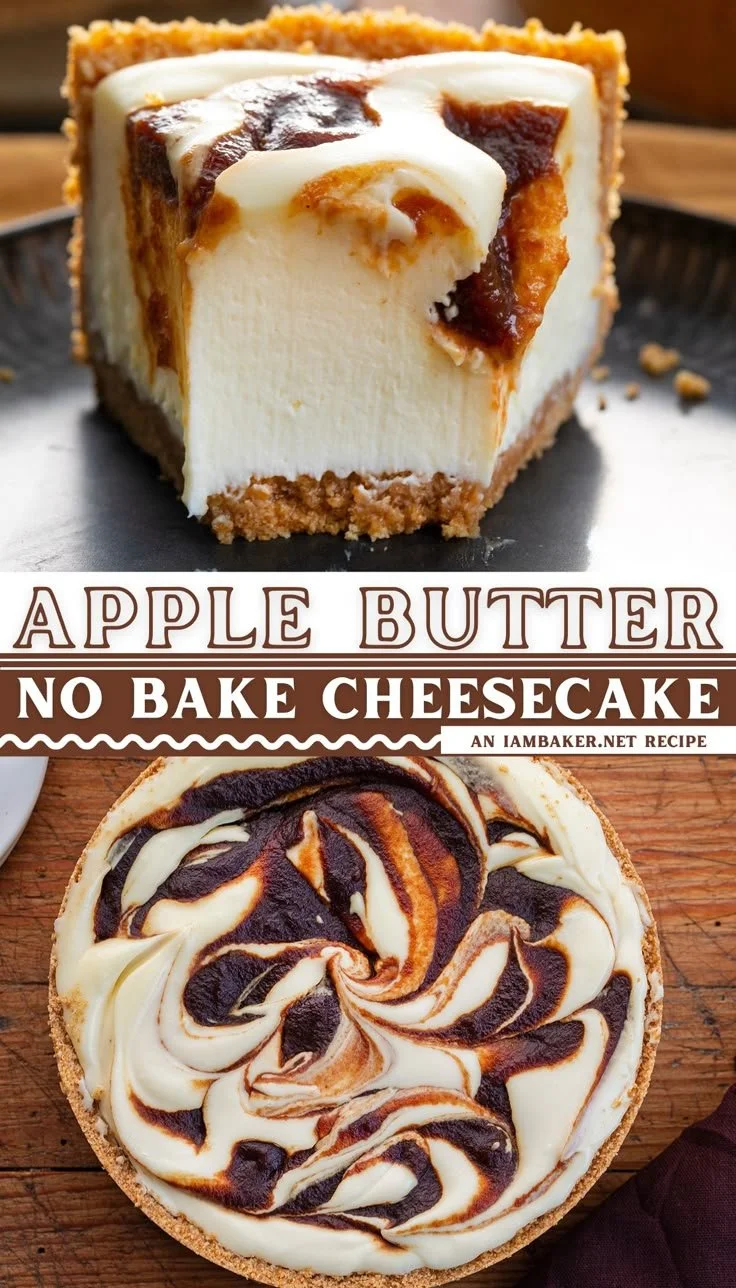Slice of creamy apple butter cheesecake topped with apples and spices