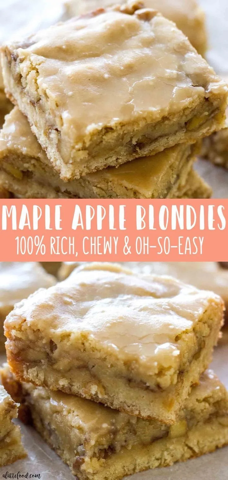 Maple glazed apple blondies topped with fresh apples and a sweet glaze