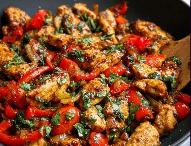 Mediterranean Chicken Stir Fry featuring fresh spinach and cherry tomatoes