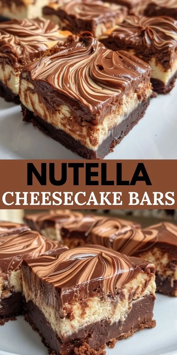 Delicious Nutella Cheesecake Bars topped with chocolate drizzle and hazelnuts