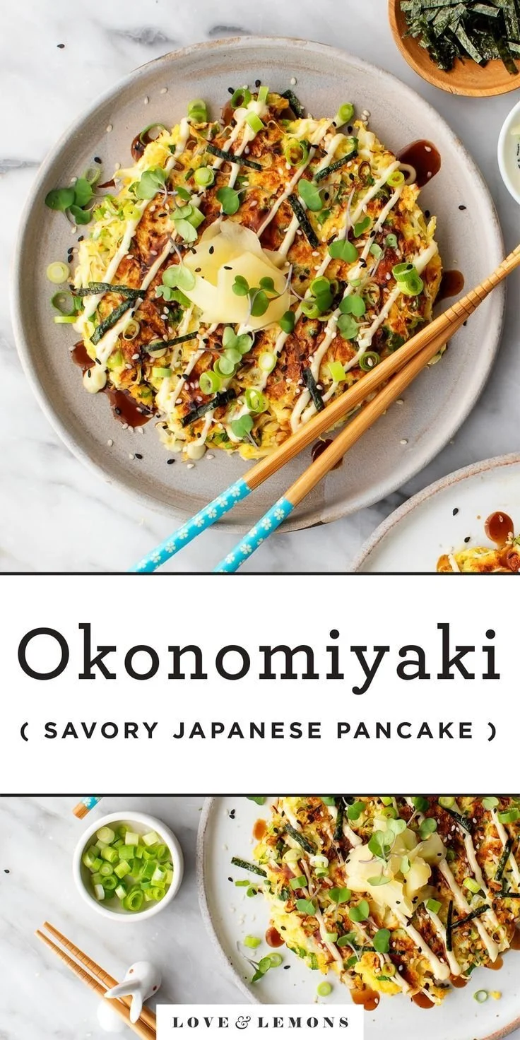 Delicious homemade Okonomiyaki topped with ingredients for flavor and texture