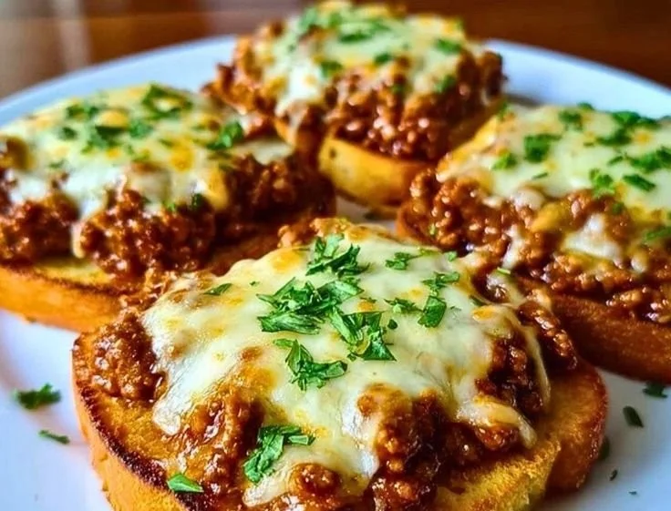 Open face garlic toast sloppy joes served on a plate with fresh toppings