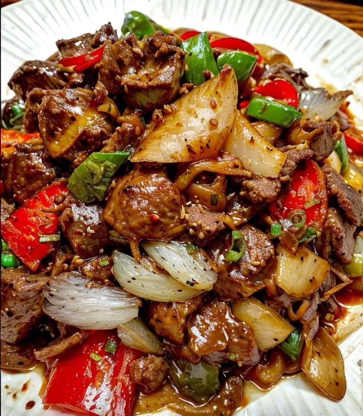 Delicious pepper steak with bell peppers and onion served on a plate
