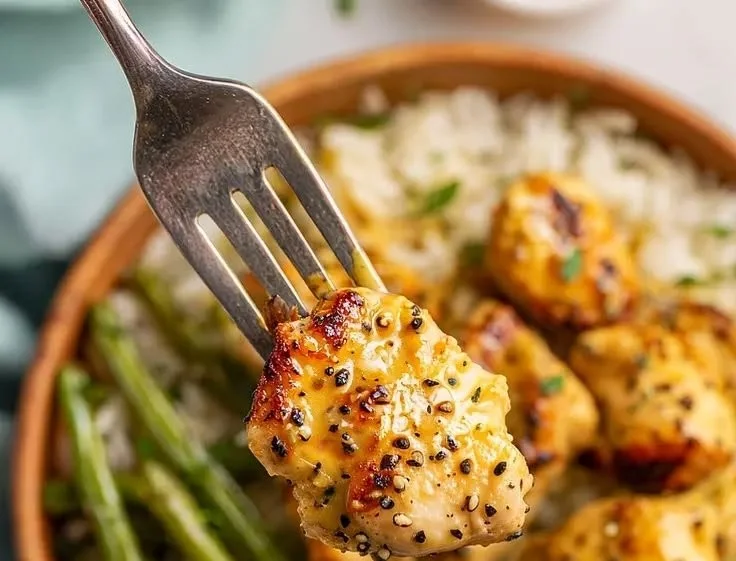 Delicious honey mustard chicken bowls topped with fresh vegetables