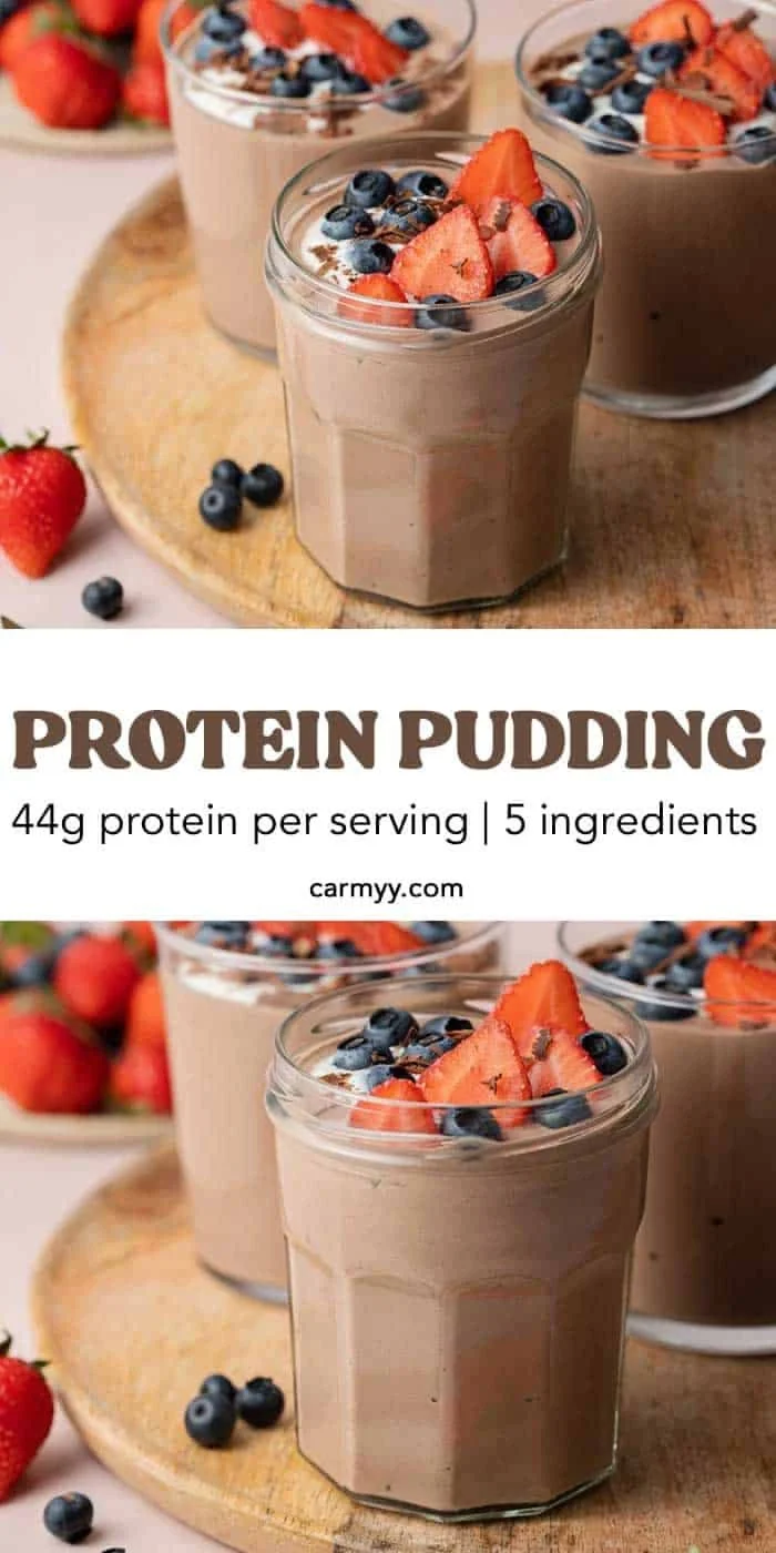 Delicious and creamy protein pudding served in a bowl with toppings.