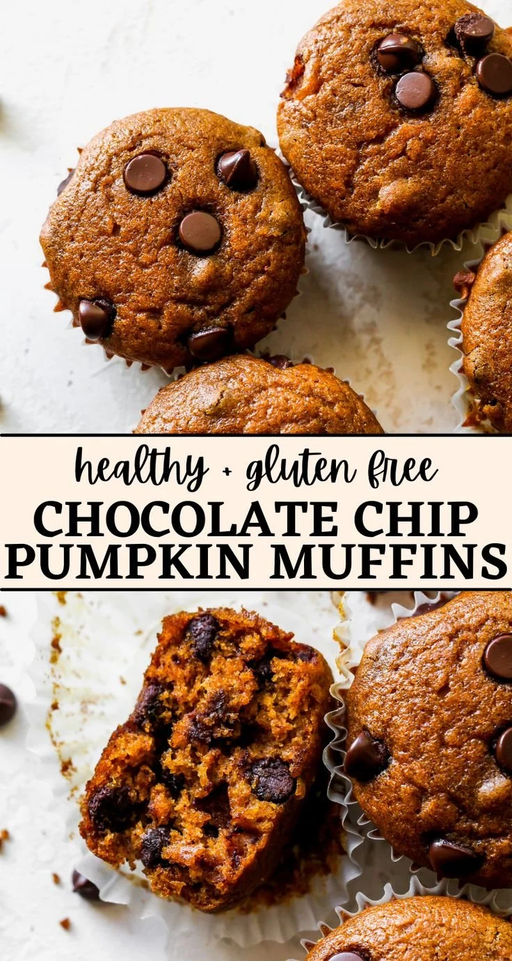 Gluten free Pumpkin Chocolate Chip Muffins placed on a rustic table.