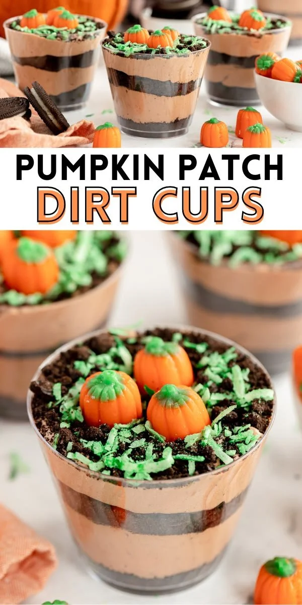 Delicious Pumpkin Patch Dirt Cups decorated with candy pumpkins and edible grass.