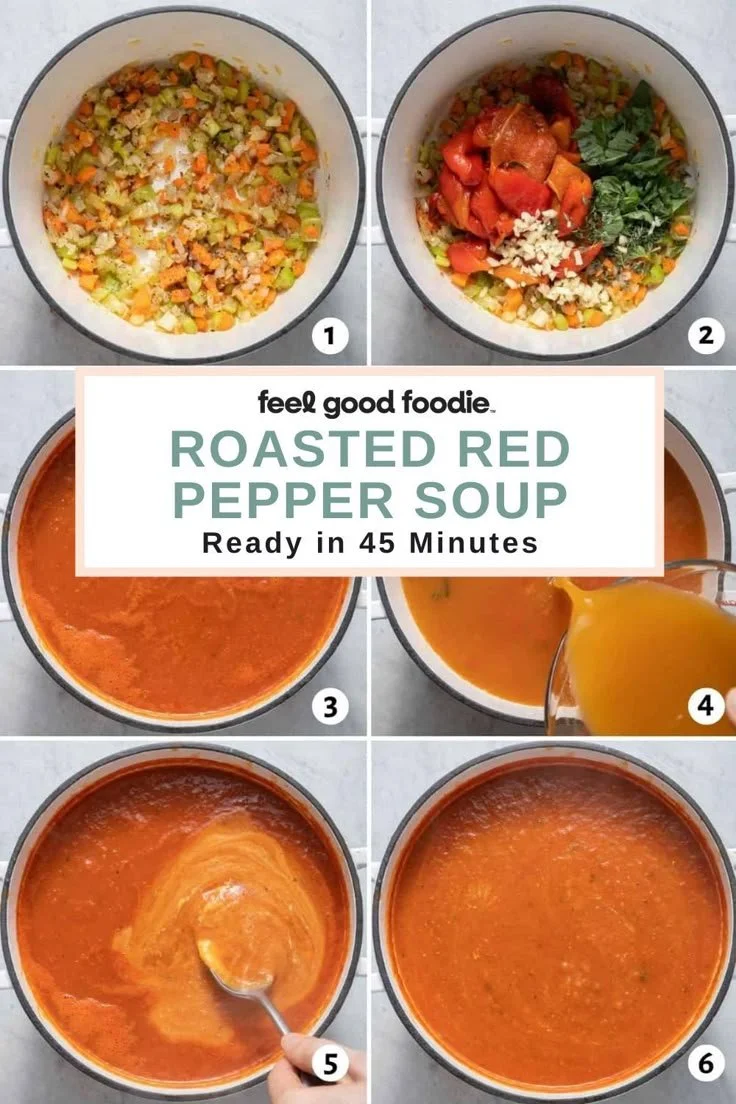 A bowl of rich, creamy roasted red pepper soup garnished with fresh herbs.