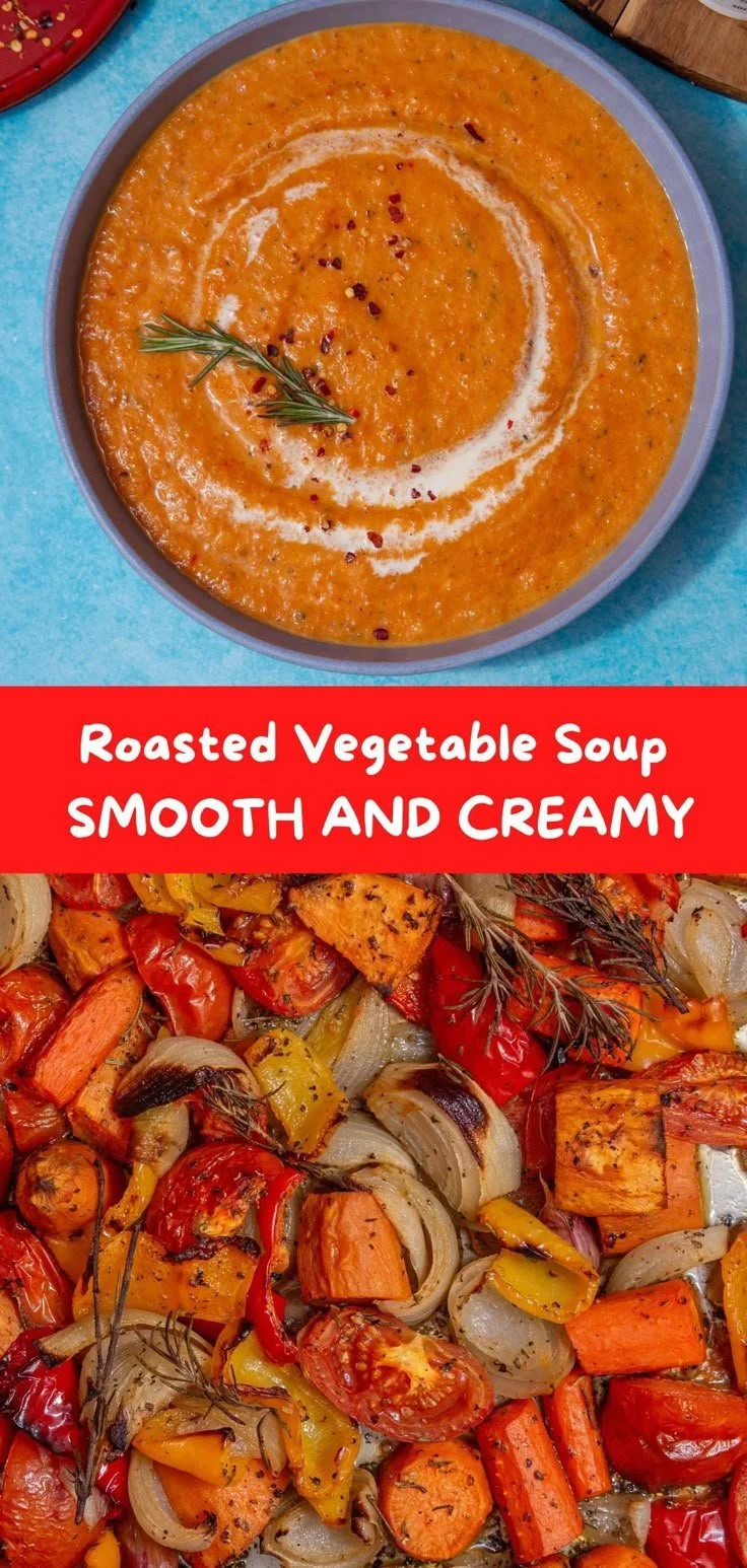 Creamy roasted vegetable soup served in a bowl with fresh herbs