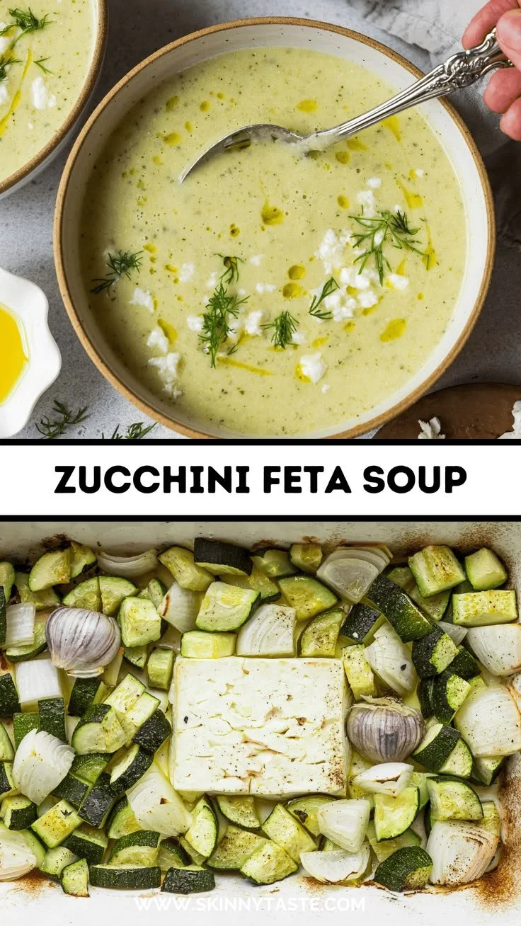 Bowl of roasted zucchini soup topped with feta cheese and dill