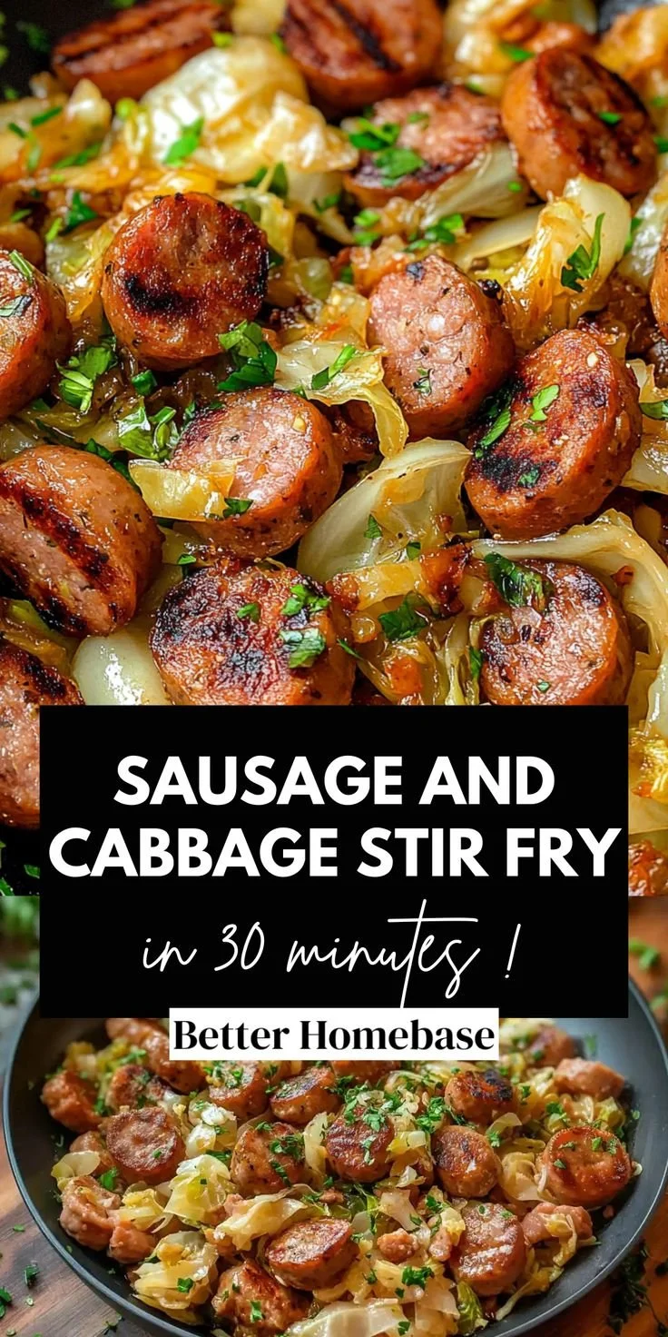 Sausage and cabbage stir fry served in a skillet, ready to enjoy.