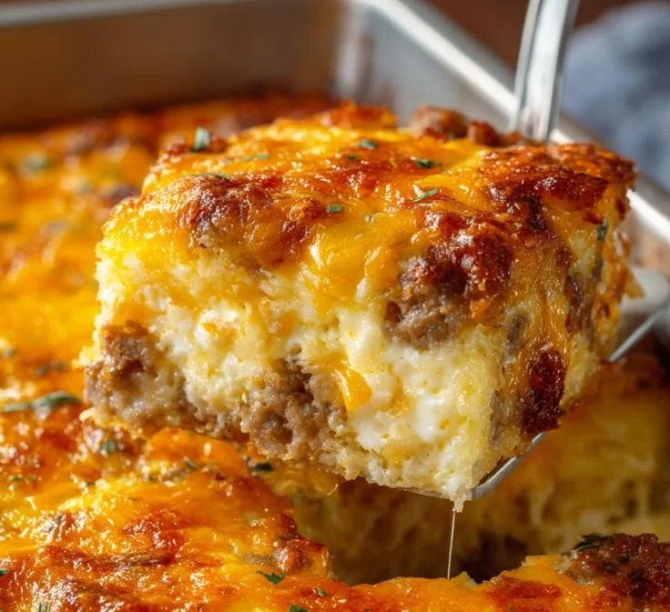 Sausage, Egg, and Cream Cheese Hashbrown Casserole dish served hot