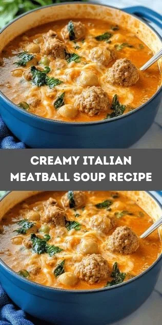 A bowl of creamy Italian Meatball Soup garnished with herbs and served hot