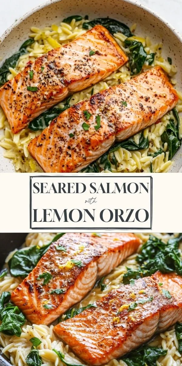 Plate of seared salmon served with lemon orzo
