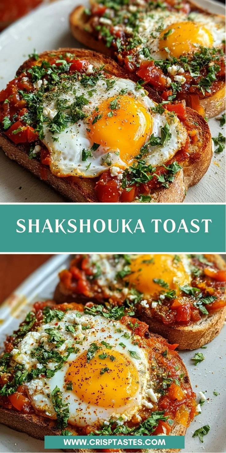 Delicious shakshouka toast topped with eggs and herbs for a vibrant breakfast.