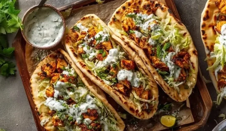 Sheet Pan Chicken Pitas featuring Herby Ranch sauce and fresh vegetables
