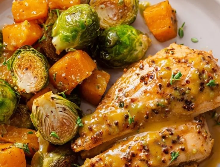 Sheet Pan Honey Dijon Chicken with colorful veggies for a healthy meal