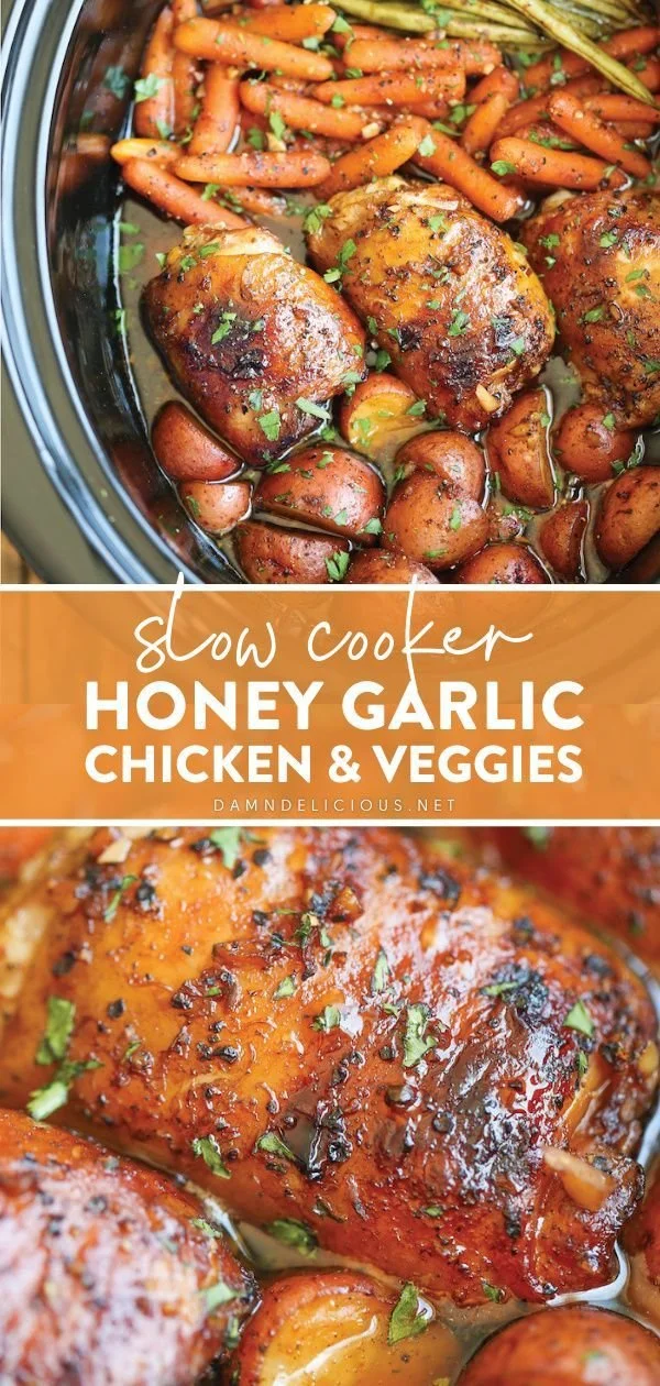 Delicious slow cooker honey garlic chicken served with assorted veggies