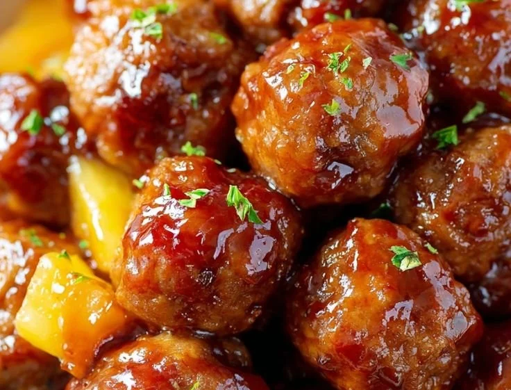 Slow Cooker Teriyaki Meatballs served on a plate with green garnish