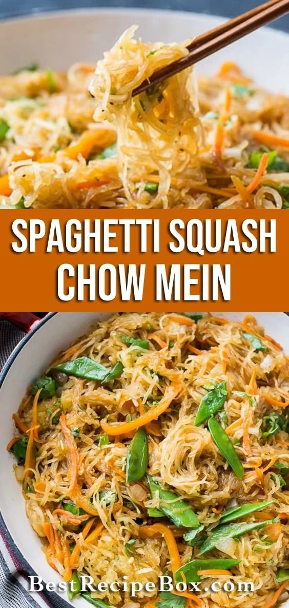 Plate of healthy spaghetti squash chow mein garnished with green onions