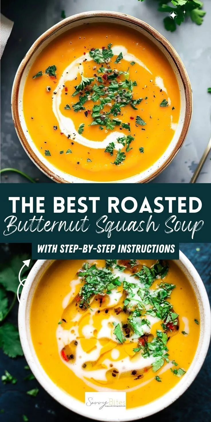A bowl of spicy butternut squash sweet potato soup garnished with herbs.