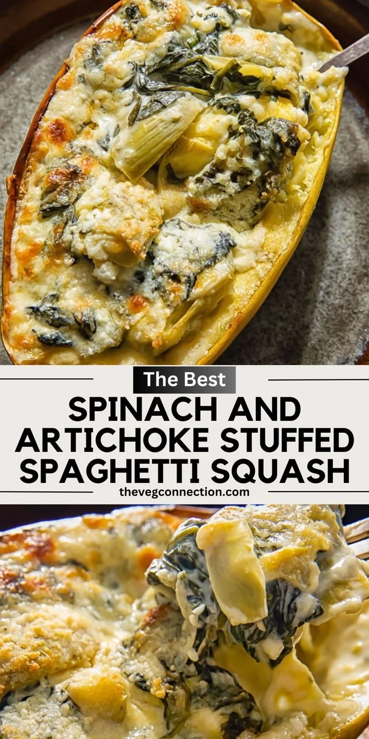 Spinach artichoke stuffed spaghetti squash in a baking dish ready to serve.
