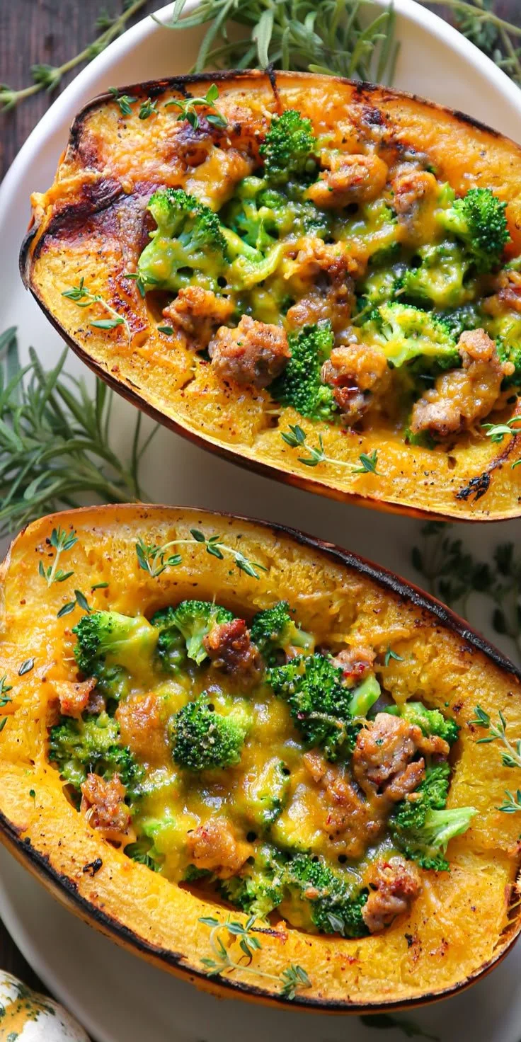Stuffed spaghetti squash with broccoli, spicy Italian sausage, and cheddar cheese
