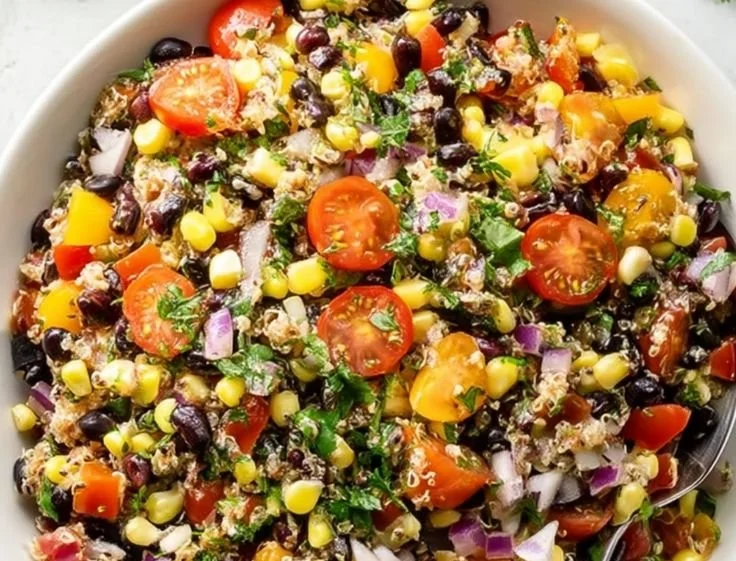 Sweet Corn and Black Bean Quinoa Salad garnished with fresh herbs